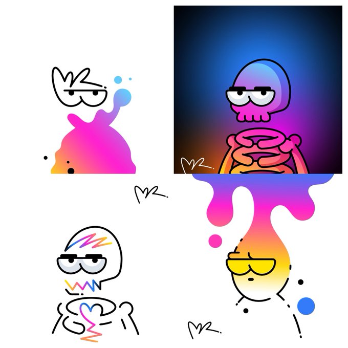 A collection of colorful cartoon illustrations signed 'mr.' featuring quirky characters with sunglasses, including a melting blob figure and a small round character on a larger colorful blob.