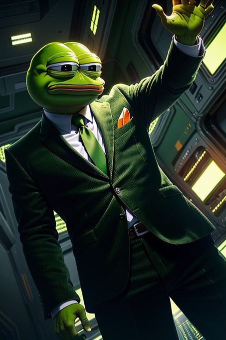 A sharply dressed Pepe the Frog in a tailored green suit strikes a confident pose, fitting the "you are early as f*ck" message by presenting the meme as a savvy, well-prepared investor ready to stack $PEPE before the crowd arrives.