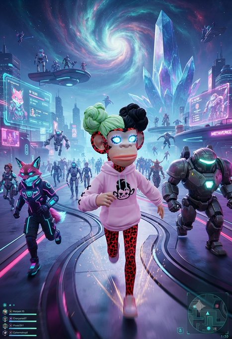 A futuristic cyberpunk scene with cartoon NFT-style characters running through a neon-lit sci-fi cityscape.