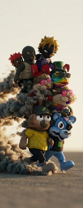 A 3D-rendered scene features a chaotic pile of various cartoonish character heads, including cats, a bear, and people, stacked on top of a running figure amidst smoke.
