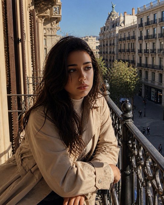 A young woman with long dark hair in a beige trench coat leans against an ornate balcony railing overlooking a Parisian street with classic Haussmann buildings.