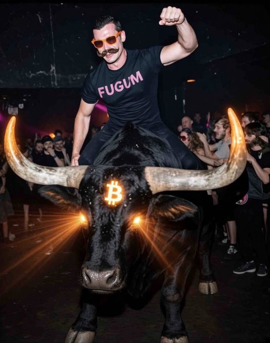 A man wearing sunglasses, a fake mustache, and a black t-shirt with 'FUGUM' in pink letters rides a bull with glowing eyes and a Bitcoin logo on its forehead.