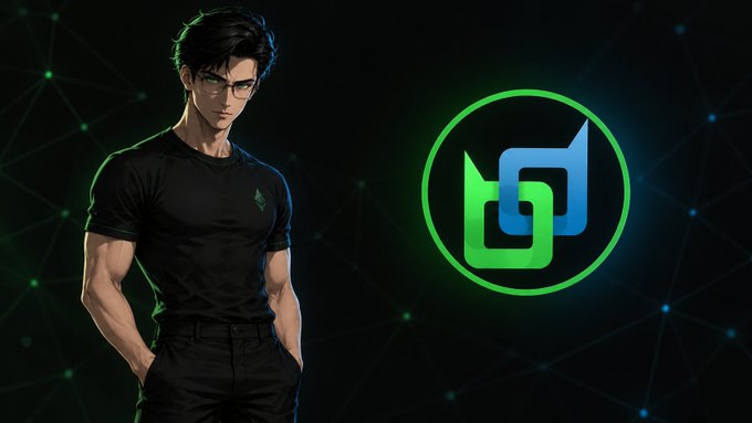 Digital illustration of a muscular man with glasses in a black shirt standing next to a green and blue circular logo on a dark network-patterned background.