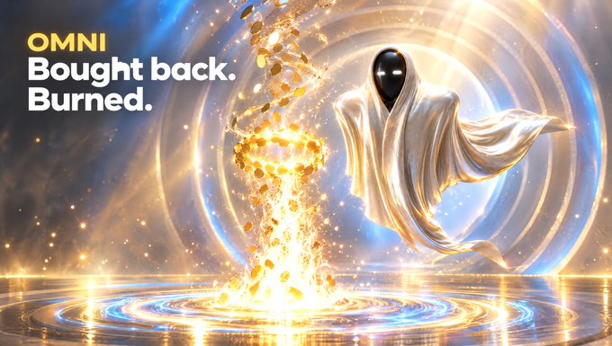 Digital artwork with text 'OMNI Bought back. Burned.' depicting a hooded figure with a golden swirling tornado and light effects.