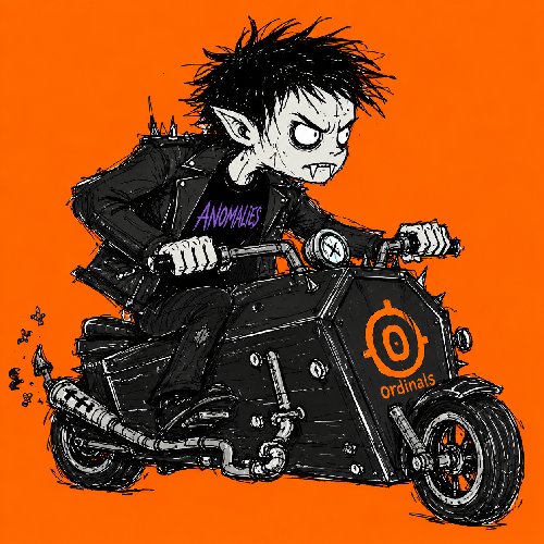 A stylized illustration depicts a pale, spiky-haired character with fangs riding a spiked motorcycle against an orange background, wearing an 'ANOMALIES' shirt and featuring an 'Ordinals' logo on the bike.