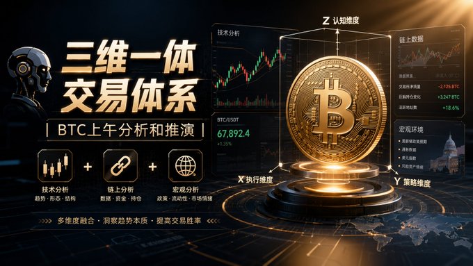 A promotional graphic for a "三维一体交易体系" (Three-in-One Trading System) Bitcoin analysis, featuring a large 3D Bitcoin coin labeled "BTC" with BTC/USDT price displayed at 67,892.4 (+3.50%), surrounded by axes marking Z (认知维度/Cognition), X (执行维度/Execution), and Y (策略维度/Strategy), alongside candlestick charts and on-chain data panels. The image visually introduces the trading framework's three dimensions—technical analysis, on-chain data, and macro environment—that the accompanying post uses to analyze BTC's morning rebound and consolidation around 63,500.