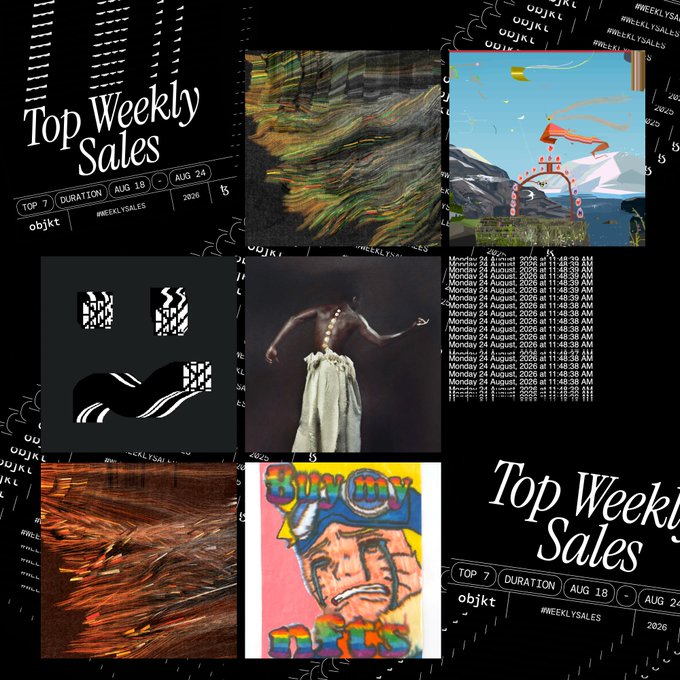 A collage titled "Top Weekly Sales" for the duration of AUG 18 - AUG 24, featuring various abstract artworks, paintings, and photos by the handle "objkt".