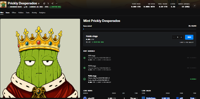 Screenshot of a Magic Eden NFT mint page for 'Prickly Desperados' with a crowned cactus character illustration, showing a public stage mint schedule with OG and FCFS rounds, and line buys/sales at the bottom.