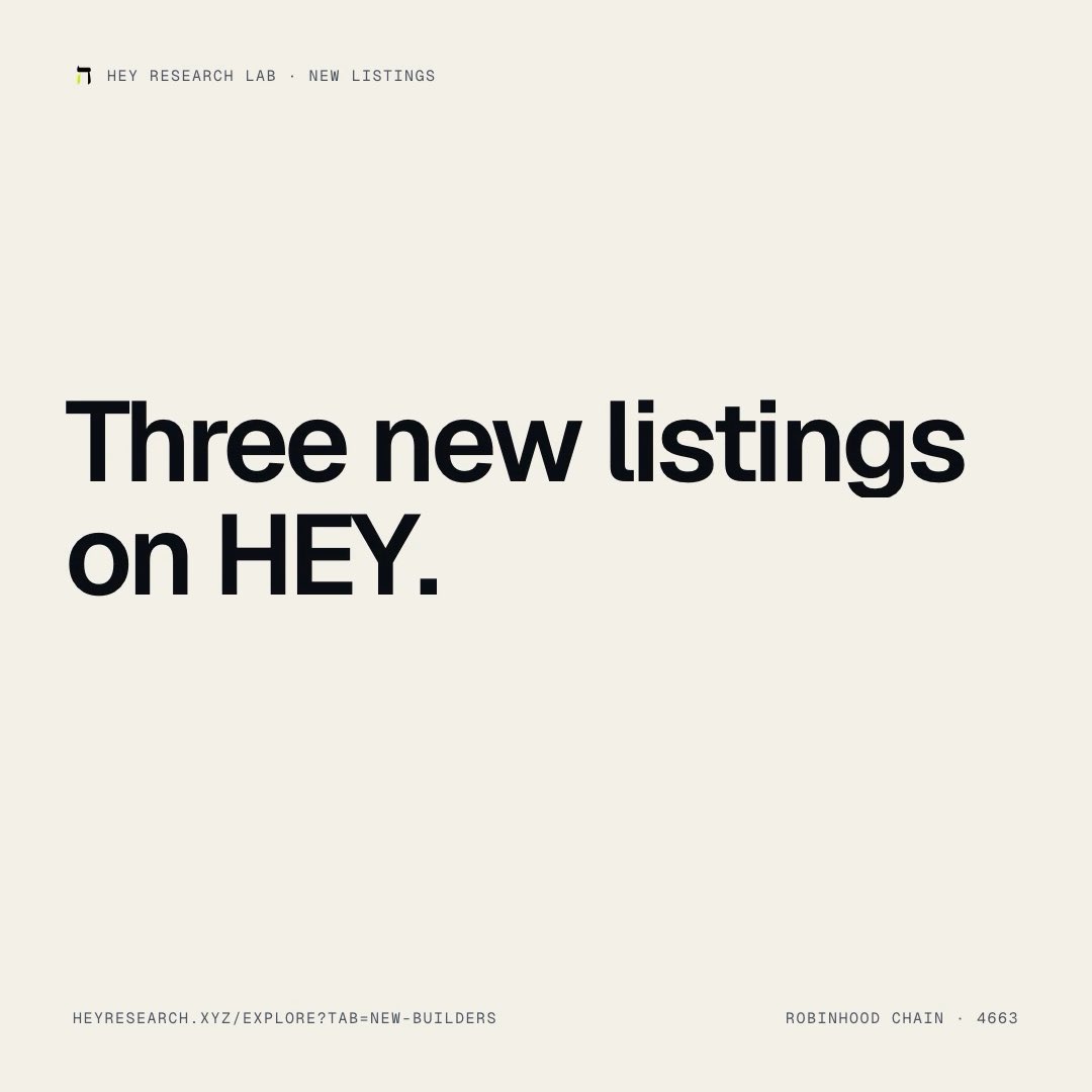 A minimalist announcement graphic from HEY RESEARCH LAB stating "Three new listings on HEY." with the URL heyrsearch.xyz/explore?tab=new-builders and Robinhood Chain branding.