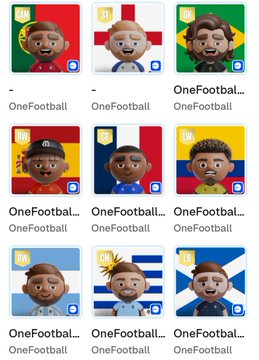 A grid of 'OneFootball' NFT avatars showing various cartoon soccer player characters representing different national flags including Portugal, England, Brazil, Spain, France, Uruguay, Argentina, and Scotland.
