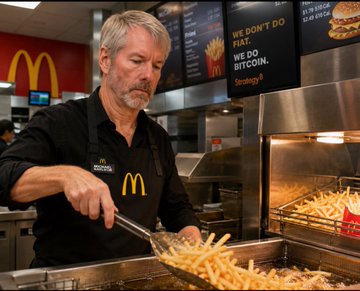The image shows a McDonald's employee cooking french fries using tongs, with several trays of cooked fries nearby. The man appears to be wearing an apron and has a name tag that reads "Mcdonald's Employee". In the background, there is a TV screen displaying information about the restaurant or menu items.