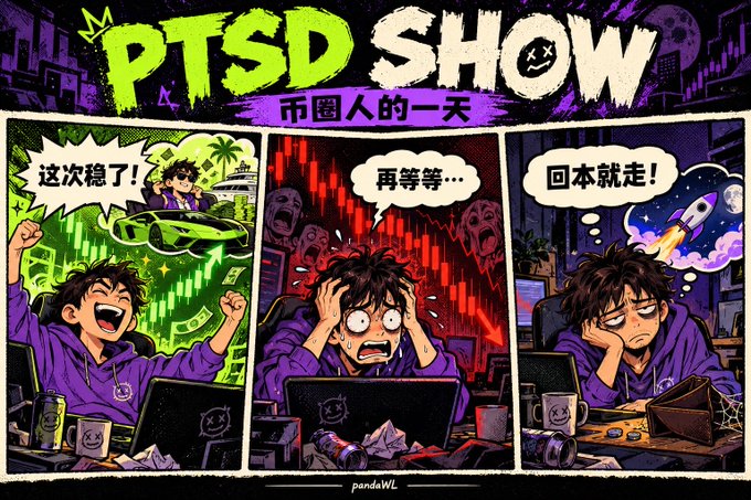 A three-panel comic titled "PTSD SHOW 币圈人的一天" depicts a trader's emotional rollercoaster, with panels showing him celebrating, panicking with red down charts, and looking dejected while thinking about rockets.