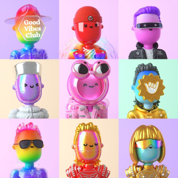 A 3x3 grid of 3D-rendered, colorful, stylized cartoon characters with various accessories like a 'Good vibes club' hat, sunglasses, and metallic headgear.