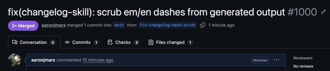 The image shows a GitHub pull request titled "fix(changelog-skill): scrub em/en dashes from generated output #1000" that was merged by user "aaronjmars" into the main branch from "f!x-changelog-dash-scrub." The PR includes 0 conversations, 1 commit, 3 checks, and 1 file changed, with no reviews completed. This visually represents the milestone 1000th merged PR for the @aeonframework, which the accompanying post celebrates along with the contributors and ecosystem projects involved.