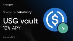 A dark promotional graphic for 'Target' now live on 'coinstacy' promoting a USG vault with 12% APY for USDC deposits, featuring a circular dollar sign logo with a lightning bolt.