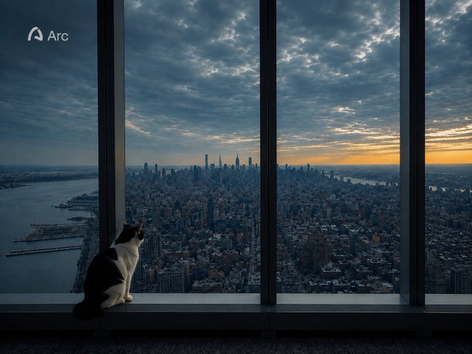 A black and white cat sits on a windowsill gazing out over the New York City skyline at sunset, with the 'Arc' logo visible in the upper left corner.