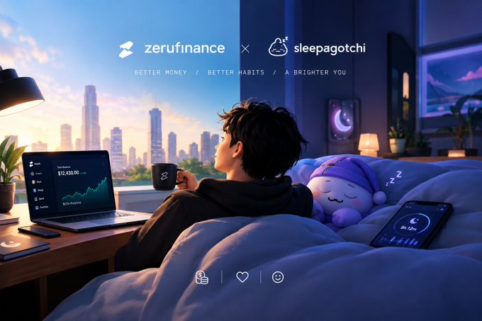 A promotional collaboration graphic between zerufinance and sleepagotchi, featuring a person relaxing in bed with a laptop showing financial data and a purple plush toy, captioned 'BETTER MONEY / BETTER HABITS / A BRIGHTER YOU'.