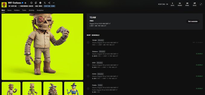 A webpage for "WIF Outlaws" NFT collection showing a 3D character in a cowboy hat holding a game controller, with a mint schedule starting August 10th for the GEN2 collection.