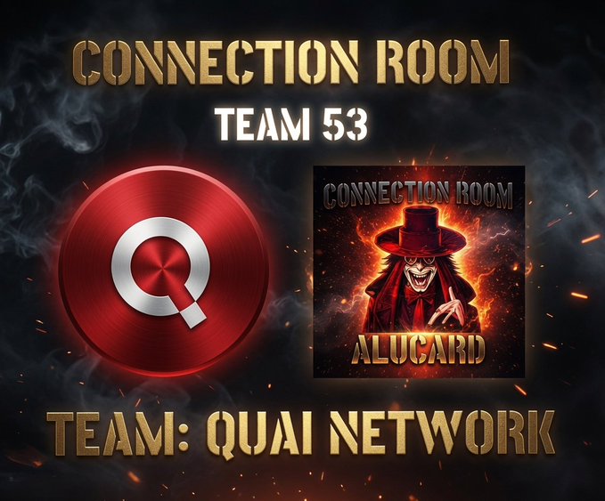 The image features a poster for Quai Network, which is an EVM-compatible Proof-of-Work layer 1 blockchain that uses SOAP as its proof of work mechanism. The poster includes two images - one showing a red Q symbol and another featuring a skeleton mask with flames coming out of it. The text on the poster states "Team: Quai Network" and "Expansion Room", indicating that this is an expansion room for Quai Network, where they are working on expanding their Proof-of-Work system to include new features or tokens.