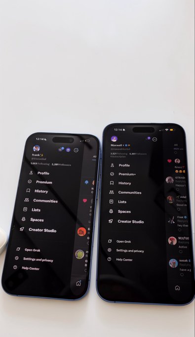Two iPhones side by side displaying the Twitter/X app menu with options like Profile, Premium, History, Communities, Lists, Spaces, and Creator Studio.