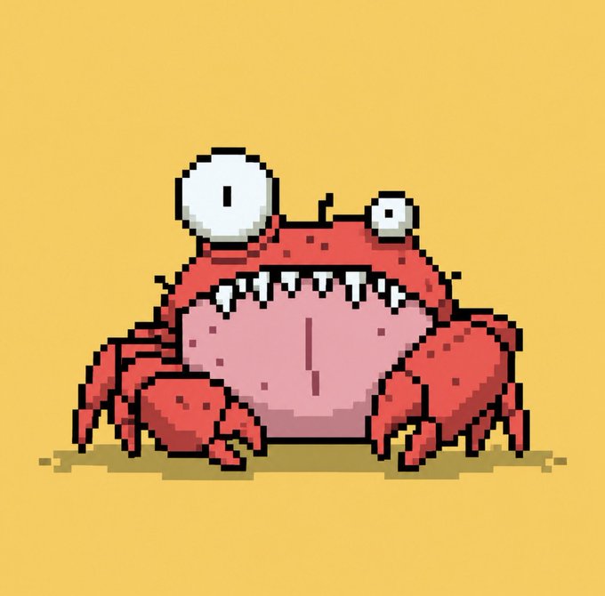 A pixel art illustration of a red cartoon crab with bulging eyes and a wide grin full of sharp teeth, set against a plain yellow background.