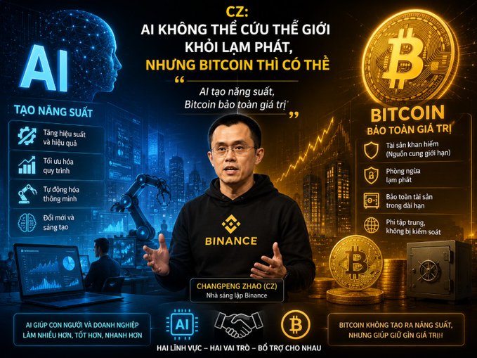 A Vietnamese-language promotional graphic featuring CZ (Changpeng Zhao) in a Binance hoodie, with text comparing AI productivity to Bitcoin as a value store ('AI KHÔNG THỂ CỨU THẾ GIỚI KHỎI LẠM PHÁT, NHƯNG BITCOIN THÌ CÓ THỂ').