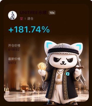 A trading app card for "UNITREE永臻" showing a 10x gain of +181.74%, with an opening price of $18.92 and latest price of $53.73, featuring a cat mascot character in a checkered cap.