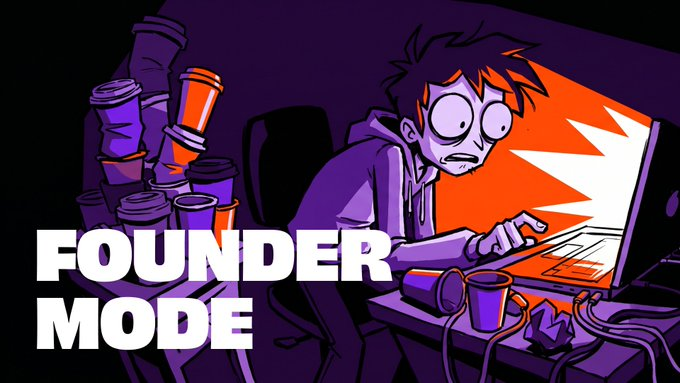 The illustration depicts a frazzled cartoon creator typing frantically on a glowing laptop, surrounded by towering stacks of empty coffee cups—a visual metaphor for the relentless grind of content creation.

The image ties directly to the post's message about valuing authentic content over follower count, illustrating the unseen effort ("Founder Mode" hustle) that creators put in regardless of their audience size. The bold text "FOUNDER MODE" reinforces this theme of dedicated, behind-the-scenes work driving AI scoring and creator success on platforms like Rally.