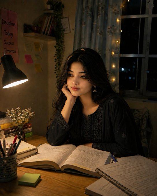 A young woman with long dark hair sits at a wooden desk in a warmly lit room, resting her chin on her hand next to an open book, with a poster reading 'Descipline Today Success Tomorrow' on the wall.