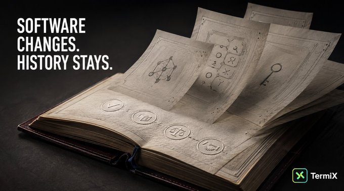 An open book with floating pages containing diagrams is displayed with the text "SOFTWARE CHANGES. HISTORY STAYS." and a "TermiX" logo.