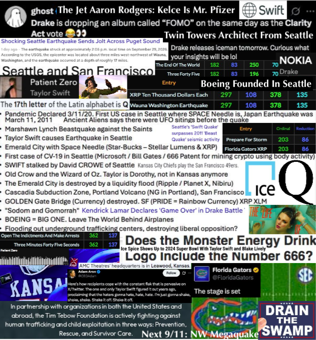 The image is a conspiracy-laden collage tying together a 7.0 Seattle earthquake, Drake's "FOMO" album, Boeing in Seattle, and a monogram "JQ" linked to Taylor Swift and the end of the dollar, referencing $XRP rallies to 10,000 replacing SWIFT, Kansas City play-off leaks, and Ice Q energy drinks, with the Taylor Swift references reinforcing the post's narrative of her as "Dorothy" leading to $GME.