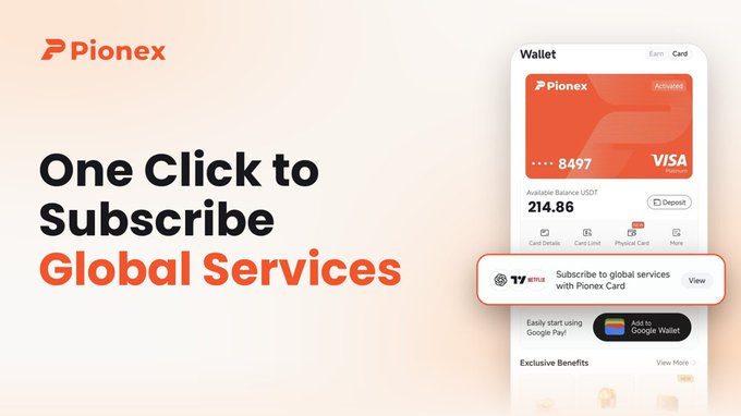 A promotional graphic for Pionex featuring an orange Visa card in a mobile wallet interface showing an available balance of 214.86 USDT, with the headline "One Click to Subscribe Global Services" alongside an offer to subscribe to global services like Google Play and Google Wallet, visually reinforcing the post's message of using USDT with the Pionex Card for worldwide subscriptions.