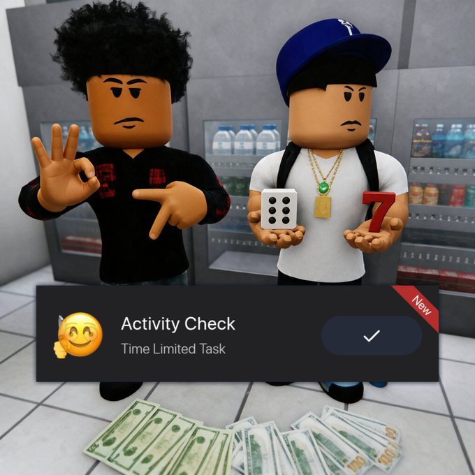 A 3D animated scene featuring two cartoon characters, one holding a die and a red '7', with an 'Activity Check Time Limited Task' overlay and money scattered at the bottom.