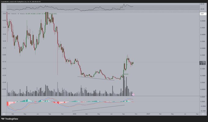 A TradingView candlestick chart of ARB/USD on Coinbase shows a significant downtrend through 2024-2025, followed by a recent sharp V-shaped bounce forming a higher low structure. The visible price action supports the post's claim of organic correction with a strong reversal rally, with the current candle hovering near $0.19 following a surge from sub-$0.10 lows.