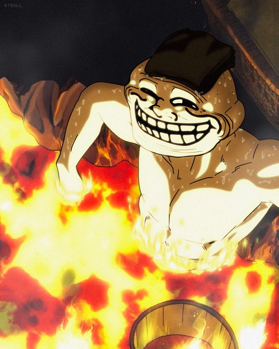 The image features an illustration of a man with a big smile on his face, wearing a hat that looks like a fire extinguisher or a bucket. The man appears to be cooking something over a fire, possibly a pot or a pan. The background is dark and filled with flames, creating a dramatic atmosphere for the scene. The caption at the bottom of the image reads "big things always cook for $troll and everyone plays a part my latest $troll stickers arrive tomorrow excited to debut my newest design stay tuned.. proud to be a $troll together, to trololollions".
