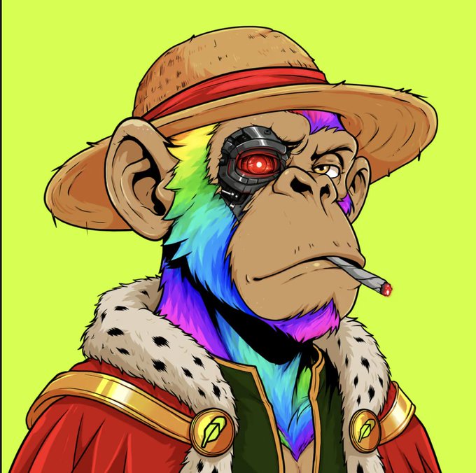 Colorful cartoon illustration of a chimpanzee wearing a straw hat, a cybernetic red eye implant, and smoking a cigarette, dressed in royal attire featuring fur trim and gold leaf emblems against a lime green background.
