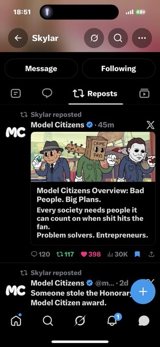 A mobile screenshot of a social media profile named 'Skylar', showing reposted content from 'Model Citizens' including a post titled 'Model Citizens Overview: Bad People. Big Plans.' with text about problem solvers and entrepreneurs.