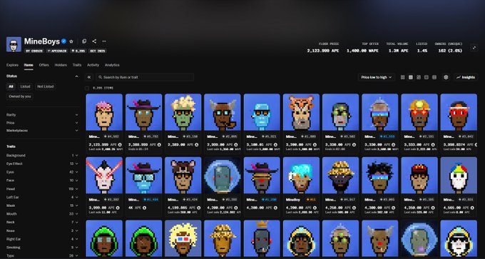 A screen showing the MineBoys NFT collection on a marketplace with floor price of 1.95 ETH, displaying various pixelated character avatars with traits like hats and backgrounds.