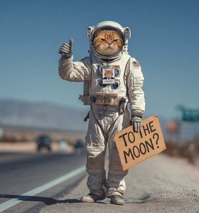 An astronaut with a cat's face and a sign that reads "TO THE MOON?" stands ready for a journey, aligning with the "GM Are you ready?" post.