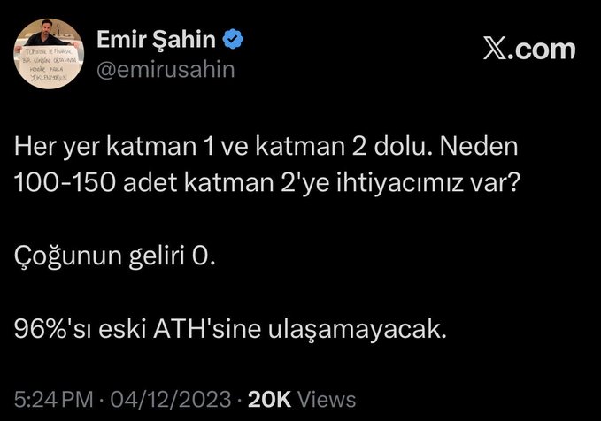 A tweet from Emir Şahin (@emirusahin) dated 12/04/2023 reads: "Her yer katman 1 ve katman 2 dolu. Neden 100-150 adet katman 2'ye ihtiyacımız var? Çoğunun geliri 0. 96%'sı eski ATH'sine ulaşamayacak." The post critiques the proliferation of Layer 2 networks, highlighting their low daily active addresses (Manta: 230, Scroll: 900, ZkSync/Starknet: 1-2k) compared to Ethereum's 580,298 active addresses.