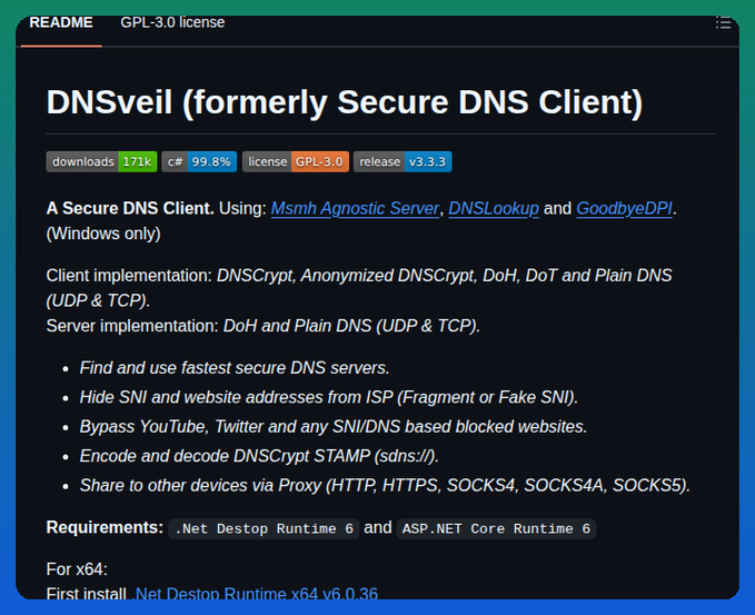 This image shows the readme file for "DNSveil (formerly Secure DNS Client)", a Windows application that provides secure DNS encryption and bypasses SNI-based censorship, aligning with the post's description.