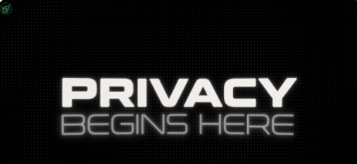 A digital graphic displaying the text 'PRIVACY BEGINS HERE' in white letters on a black pixelated background.
