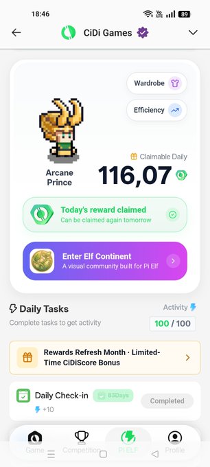 A mobile app screenshot showing the CiDi Games interface with an 'Arcane Prince' character, displaying a claimable daily reward of 116,07 and completed daily tasks.