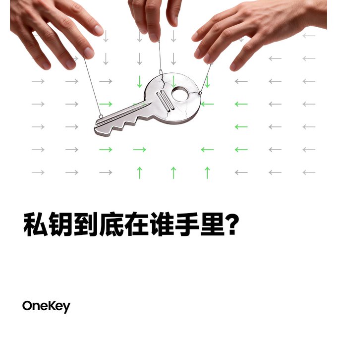 The image depicts three hands controlling a single key from different angles with strings, accompanied by the Chinese text "私钥到底在谁手里?" (Whose hands is the private key really in?) and the "OneKey" logo, illustrating the post's message about how private keys held by centralized exchanges put users' assets at risk of loss during platform collapses like FTX.