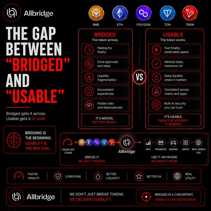 An infographic for "Allbridge" contrasting "BRIDGED" versus "USABLE" crypto tokens, supported by networks like BNB, ETH, POLYGON, TON, and TRON.