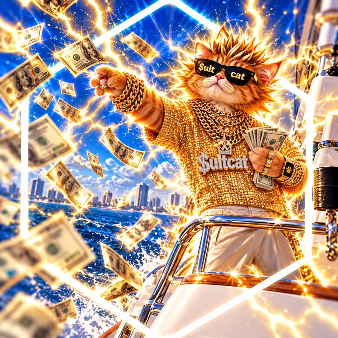 Vibrant AI-generated illustration of an orange cat wearing sunglasses labeled '$ult cat', gold chains, and a '$ultcat' shirt, surrounded by flying dollar bills and lightning.
