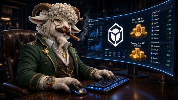 A digital illustration shows a sophisticated ram character with curly horns, glasses, and a mustache smoking a cigar while trading cryptocurrency on a curved monitor displaying market data.