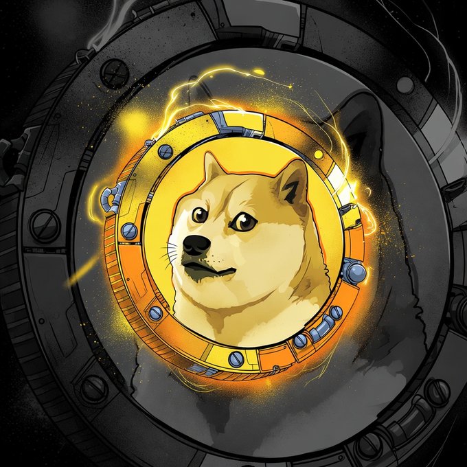 A digital illustration of a Shiba Inu dog's face glowing yellow inside a mechanical porthole, reminiscent of the Dogecoin logo but appearing AI-generated.