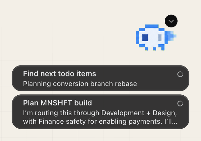 A pixelated sheep mascot with a downward arrow floats above two task cards titled "Find next todo items - Planning conversion branch rebase" and "Plan MNSHFT build," showing the moonshift.io mascot integrated as a pet within the Codex app interface.