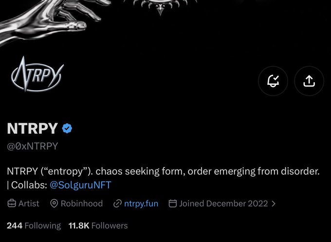 A Twitter/X profile page for **NTRPY** (@0xNTRPY), an artist/NFT project with 11.8K followers describing itself as "chaos seeking form, order emerging from disorder," joining December 2022 and tagging collaborator @SolguruNFT. The image showcases the account's branding and credibility, supporting the post's claim that the project has gained significant attention and traction since launch.